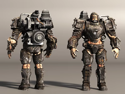 Game and Movie Character in Heavy Mechanical Armor Two Detailed Sci-Fi Worn Metal Design 3d model