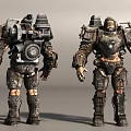 Game and Movie Character in Heavy Mechanical Armor Two Detailed Sci-Fi Worn Metal Design