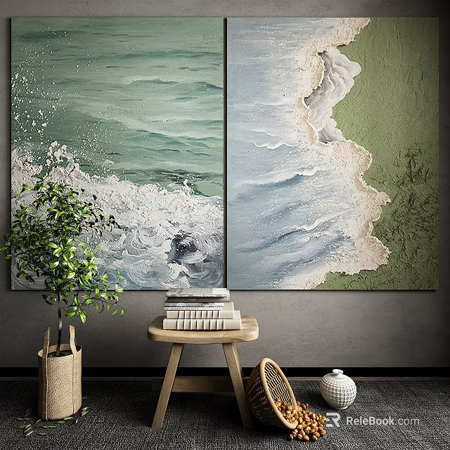 Modern Living Room Decor With Abstract Sea Wave Paintings Green Plant And Wooden Table 3d model 