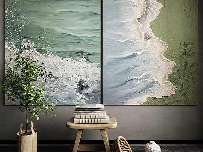Modern Living Room Decor With Abstract Sea Wave Paintings Green Plant And Wooden Table 3d model