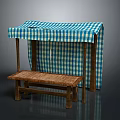 Wooden Outdoor Structure With Blue White Checkered Canopy Curtain And Woven Seat Bench