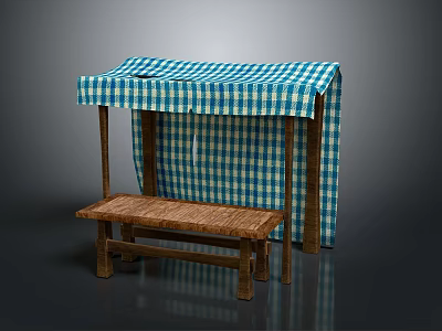 Wooden Outdoor Structure With Blue White Checkered Canopy Curtain And Woven Seat Bench 3d model