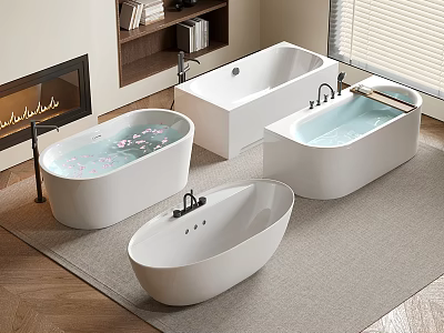 Modern Bathroom Interior With Various White Freestanding Bathtubs Fireplace And Bookshelf 3d model