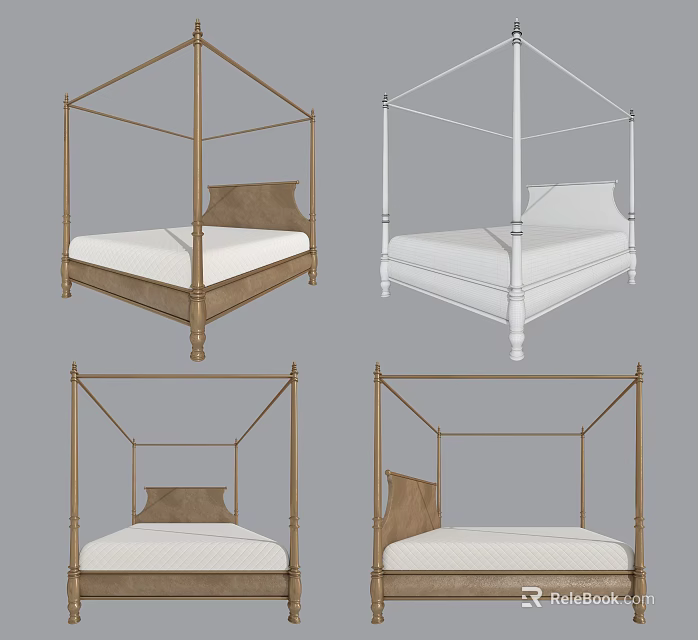 Stylish Canopy Double Bed With Gold And White Frame Multiple Designs 3d model 