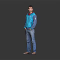 Man Standing On Gray Background With Blue Jacket Red Inner Shirt And Blue Jeans