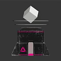 Black Cube Base With Pink Floating Cube And Glowing Pink Rings And Triangular Logo 3d model