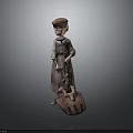 Adorable Child Statue Wearing Dress And Hat Holding Tool On Decorative Base Platform