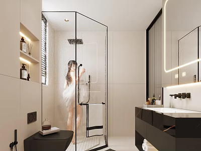 Modern Bathroom Interior Design With Glass Shower Enclosure White Walls And Black Vanity 3d model