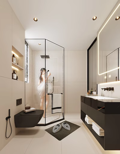 Modern Bathroom Interior Design With Glass Shower Enclosure White Walls And Black Vanity 3d model