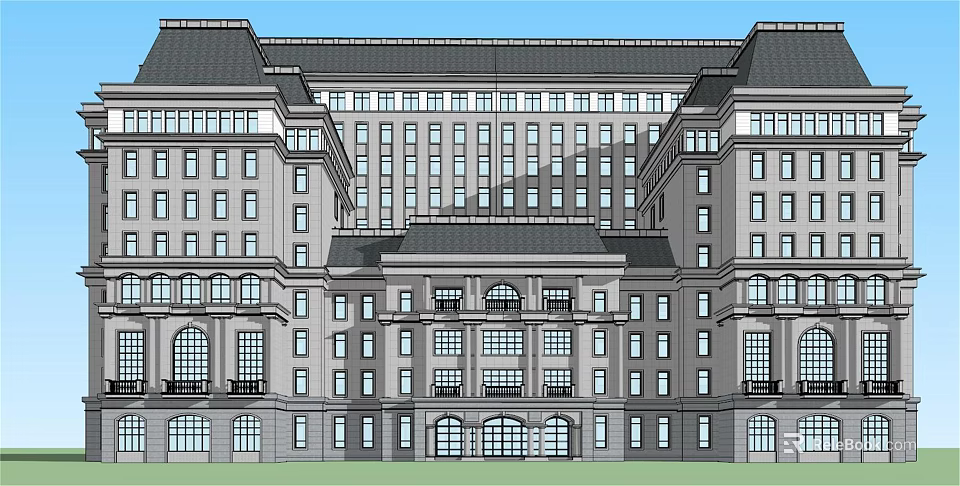 Classical Style Hotel Building With Symmetrical Design Numerous Windows And Decorative Facade 3d model 