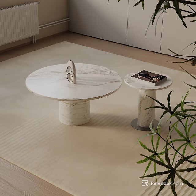 Modern Sofa Coffee Table Set With Round Marble Tops And Green Plant On Light Carpet 3d model 