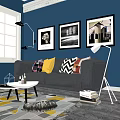 Modern Interior Sofa Coffee Table Set With Blue Wall Art Colorful Pillows And Geometric Rug