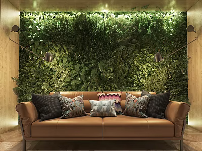 Brown Leather Double Sofa With Decorative Throw Pillows Against Living Plant Wall And Wooden Backdrop 3d model
