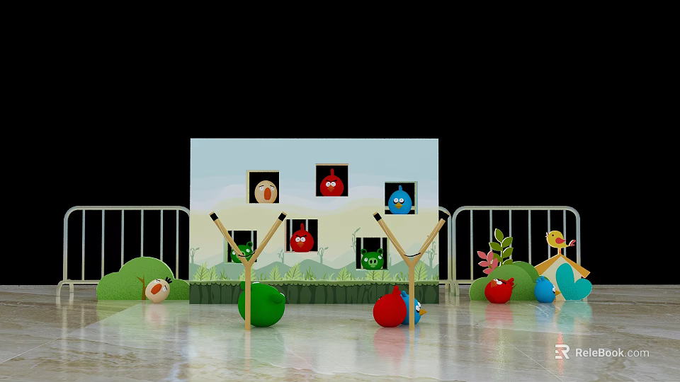 Angry Birds Themed Interactive Zone With Slingshots Colorful Birds And Decorative Background 3d model 