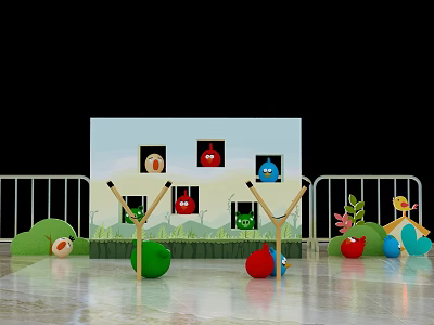 Angry Birds Themed Interactive Zone With Slingshots Colorful Birds And Decorative Background 3d model