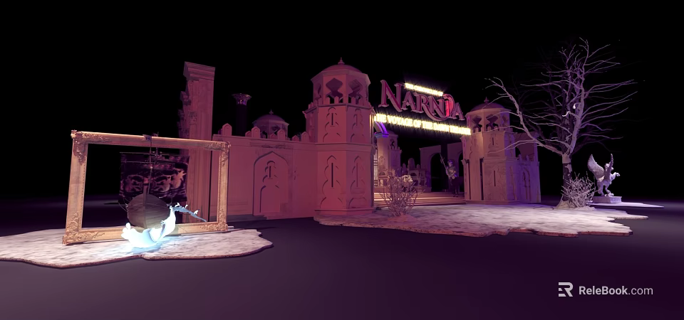 Cartoon Narnia Night Scene With Castle Gates Snowy Ground And Illuminated Sign 3d model 