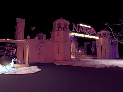 Cartoon Narnia Night Scene With Castle Gates Snowy Ground And Illuminated Sign 3d model