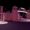 Cartoon Narnia Night Scene With Castle Gates Snowy Ground And Illuminated Sign