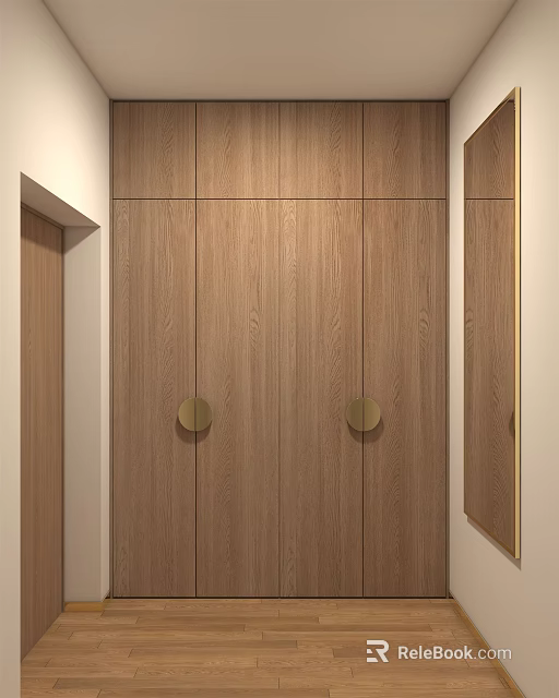 Modern Sleek Wooden Shoe Cabinet With Natural Wood Grain And Gold Handles 3d model 