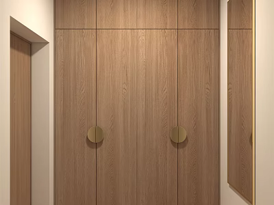 Modern Sleek Wooden Shoe Cabinet With Natural Wood Grain And Gold Handles 3d model