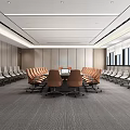 Modern Meeting Room Interior With Long Conference Table Orange Gray Chairs Background Large Screen Bookshelves