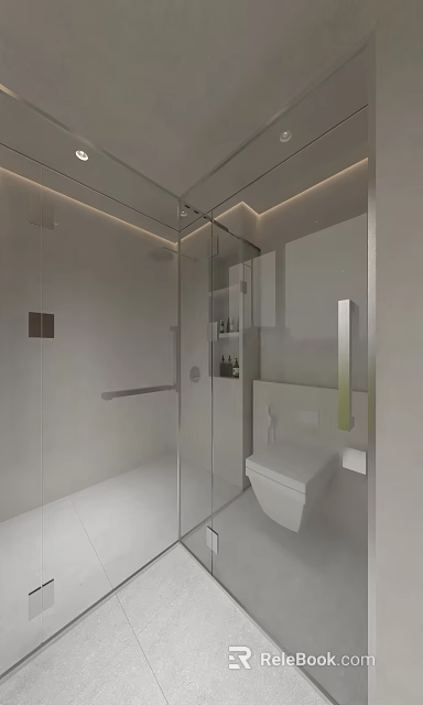 Modern Bathroom Interior With Glass Shower Enclosure White Toilet Wall Cabinet And Ambient Lighting 3d model 