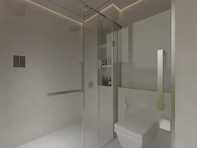 Modern Bathroom Interior With Glass Shower Enclosure White Toilet Wall Cabinet And Ambient Lighting 3d model