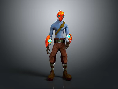 Game Movie 3D Character With Blue Skin Orange Helmet Glowing Arm Devices Brown Pants Boots 3d model