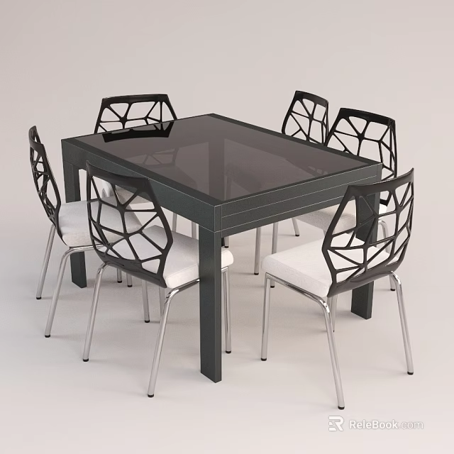 Modern Square Glass Top Table And Lattice Back Chairs With Metal Legs And White Cushions 3d model 