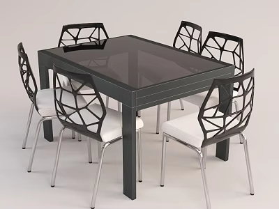 Modern Square Glass Top Table And Lattice Back Chairs With Metal Legs And White Cushions 3d model