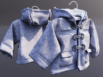 Two Light Gray Hooded Coats With Toggle Buttons Pockets Hanging On Hangers 3d model