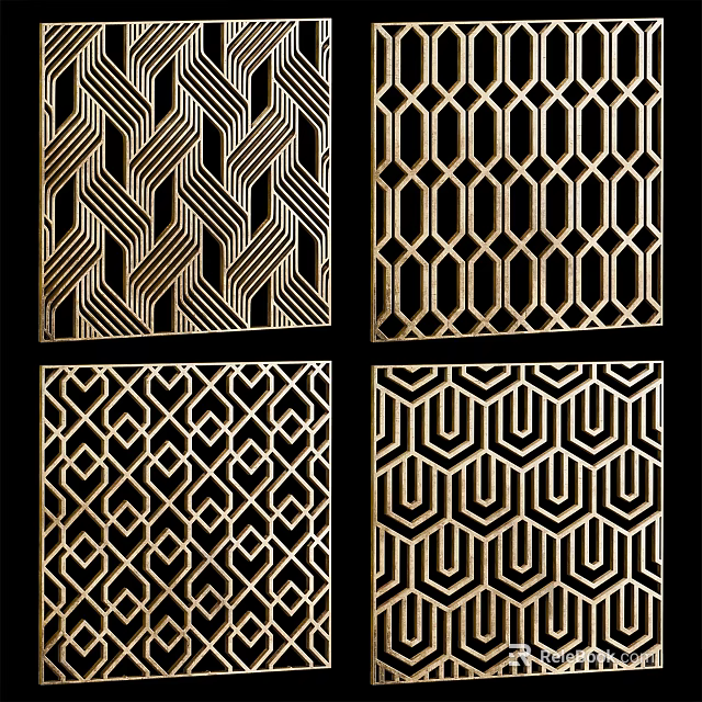 Stylish Room Dividers With Geometric Patterns In Gold And Black 3d model 