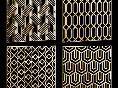 Stylish Room Dividers With Geometric Patterns In Gold And Black 3d model
