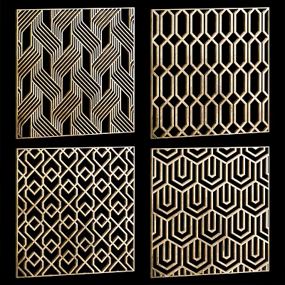 Stylish Room Dividers With Geometric Patterns In Gold And Black 3d model