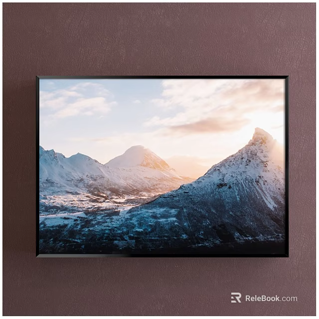 Landscape Painting Of Snowy Mountain Peaks With Sunset Clouds And Golden Light 3d model 