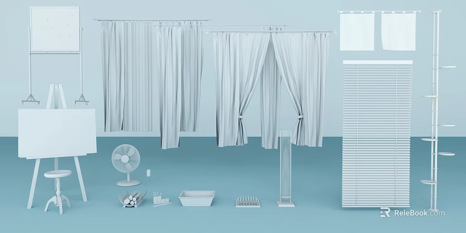 White Curtains And Blinds With Window Treatment Accessories For Home Decor 3d model 
