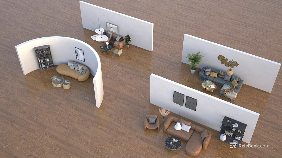 Modern Living Room Sofa Coffee Table Set With Accent Chairs And Decorative Plants 3d model 