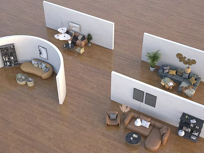 Modern Living Room Sofa Coffee Table Set With Accent Chairs And Decorative Plants 3d model
