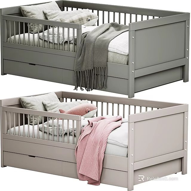 Modern Gray Baby Crib With Drawer Storage And Cozy Blanket Pillows 3d model 