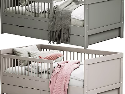 Modern Gray Baby Crib With Drawer Storage And Cozy Blanket Pillows 3d model