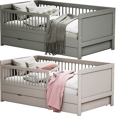 Modern Gray Baby Crib With Drawer Storage And Cozy Blanket Pillows 3d model