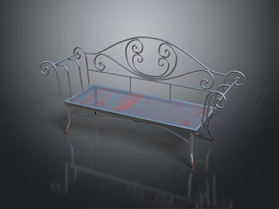 Ornate Metal Outdoor Bench With Curved Scrollwork And Mesh Seat Design 3d model