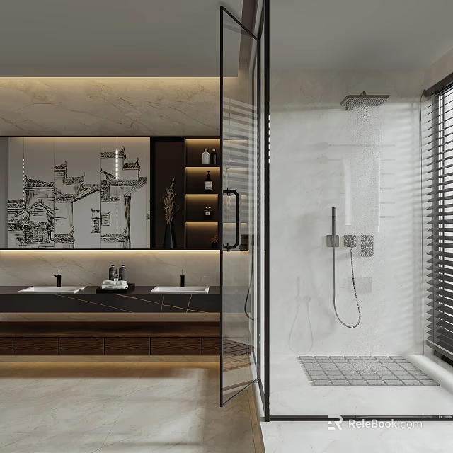 Modern Bathroom Interior Design With Double Vanity Marble Countertop And Glass Shower 3d model 