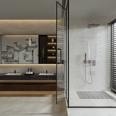 Modern Bathroom Interior Design With Double Vanity Marble Countertop And Glass Shower 3d model