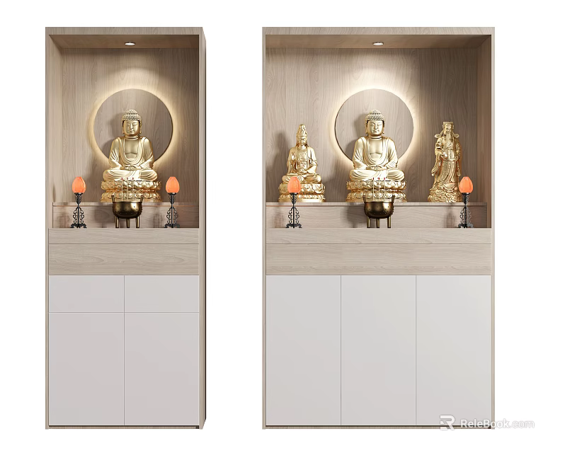 Elegant Buddhist Shrine Cabinet With Golden Buddha Statues Candles And Wooden White Doors 3d model 