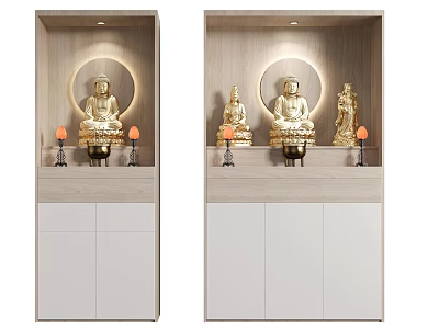 Elegant Buddhist Shrine Cabinet With Golden Buddha Statues Candles And Wooden White Doors 3d model