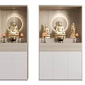 Elegant Buddhist Shrine Cabinet With Golden Buddha Statues Candles And Wooden White Doors