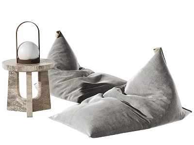 Gray Fabric Bean Bag Chairs With Wooden Side Table And Lantern Lamp For Living Room 3d model