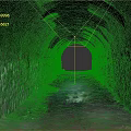 Brick Tunnel Architecture With Moss Covered Walls Red Floor Puddle And Light At End