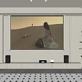 Living Room Home Theater Setup With Large Screen Showing Desert Scene Campfire And Person